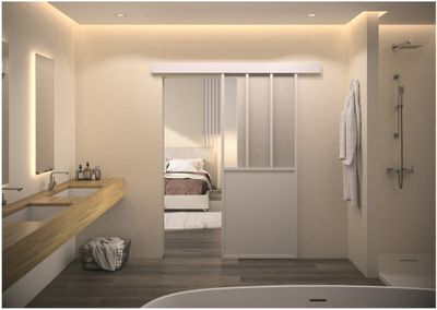 Porte coulissante aluminium blanc style Atelier vitrage dépoli blanc largeur 93 cm OPTIMUM