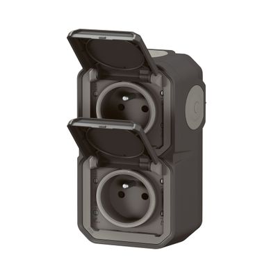 Double prise électrique étanche IP55 en saillie verticale 2 pôles + terre Anthracite - Plexo LEGRAND