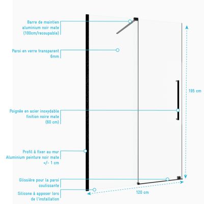 Porte de douche coulissante 120x195 cm profilé noir verre transparent 6 mm Sliding - AURLANE