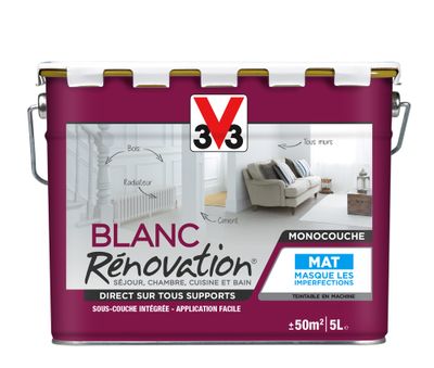 Peinture de rénovation séjour, chambre, cuisine et bain 2en1 blanc mat 5 L - V33