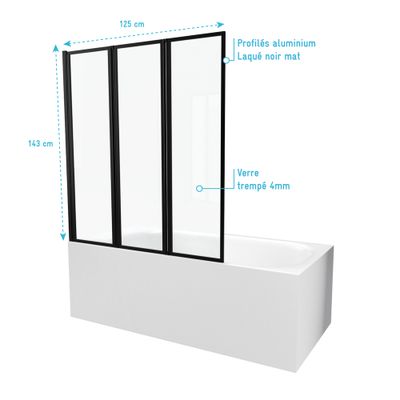 Pare-baignoire pivotant 125x143 cm profilé noir verre transparent triple noir - AURLANE