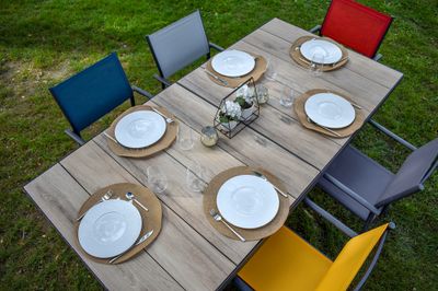 Table de jardin à rallonge ouverture automatique HORTENSE aluminium/céramique beige 200/260x100 cm