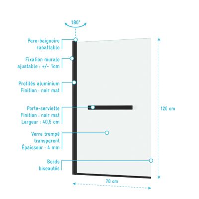 Pare-baignoire rabattable avec porte-serviette 120x70 cm profilé noir verre transparent Essentiel - AURLANE