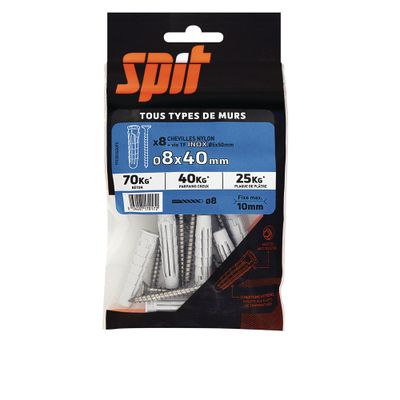Chevilles nylon pro 8 x 40 mm avec vis tête fraisée inox 5 x 50 mm par 8 SPIT