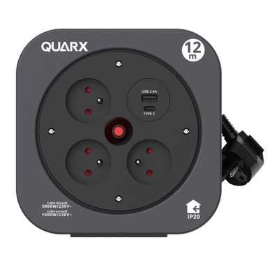 Enrouleur électrique 12m 3 prises + USB-A + USB-C - QUARX