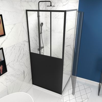 Paroi de douche latérale fixe 90x200 cm profilé noir verre transparent 5 mm Fabrik - AURLANE