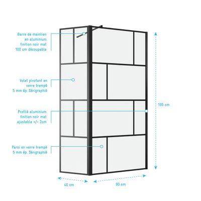 Paroi de douche à l'italienne avec déflecteur 90+40x195 cm profilé noir verre transparent 5 mm Bricks - AURLANE