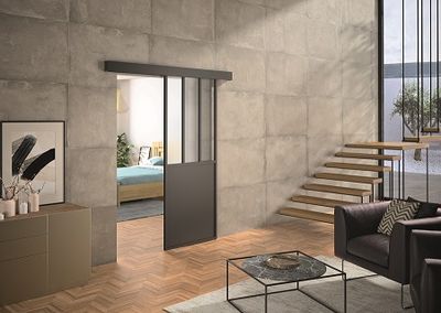 Porte coulissante aluminium noir style Atelier vitrage dépoli blanc largeur 93 cm OPTIMUM