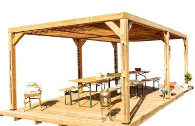 Pergola autoportante en bois traité thermachauffé avec ventelles mobiles sur toit L 6,14 x l 3,41 x h 2,17 m, Livraison à domicile incluse - HABRITA