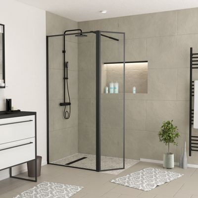 Paroi de douche à l'italienne avec déflecteur 90+40x200 cm profilé noir verre transparent 5 mm Dark Edge - AURLANE