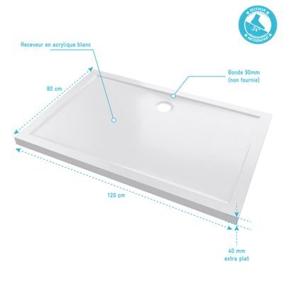 Receveur de douche 80x120 cm acrylique blanc Pure 2 - AURLANE