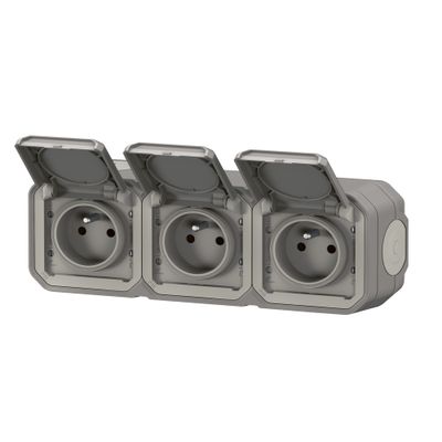 Triple prise électrique étanche IP55 en saillie horizontale 2 pôles + terre Gris - Plexo LEGRAND