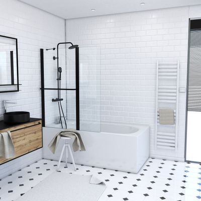Pare-baignoire pivotant avec porte-serviette 130x105 cm profilé noir verre transparent Ibiza - AURLANE