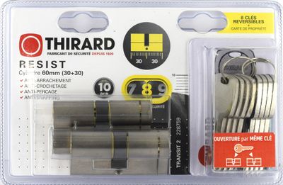 Cylindre de serrure double entrée s'entrouvrant 30 x 30 mm Transit 2 très haute sécurité nickelé 5 clés par 2 THIRARD