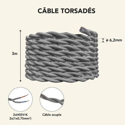 Câble électrique tissu torsadé gris 3m - TIBELEC