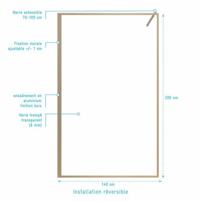 Paroi de douche à l'italienne 140x200 cm profilé bois verre transparent 6 mm Wood Edge - AURLANE