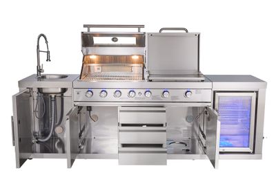 Cuisine d'extérieure inox avec évier, réfrigérateur, plan de travail, plancha et barbecue BRASERO