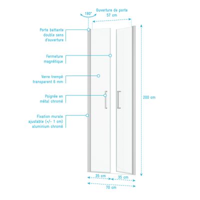 Porte de douche battante 70x200 cm profilé chrome verre transparent 6 mm Saloon - AURLANE