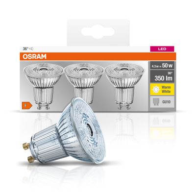 Lot de 3 ampoules LED spot GU10 4,3W = 350 lumens blanc chaud - Halopar 16 OSRAM
