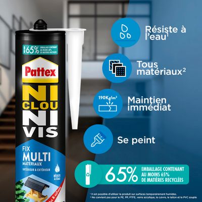 Mastic colle de fixation Ni Clou Ni Vis Multi Matériaux résiste à l'eau cartouche 450 g - PATTEX
