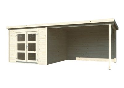 Abri de jardin en bois avec pergola 8,7 m² Lya 1 - ép.28 mm - 19,6 m² hors-tout - Livraison à domicile incluse - WHITE WOOD