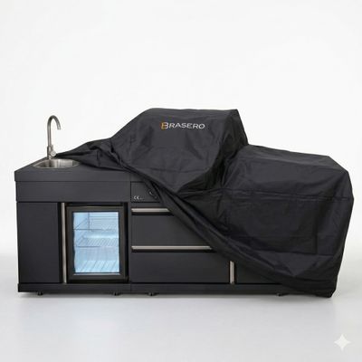 Cuisine d'extérieure Athène S  noire avec évier, réfrigérateur, plan de travail et barbecue - BRASERO