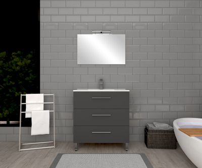 Meuble de salle de bains sur pieds gris L 80 cm 3 tiroirs avec vasque et miroir Volta
