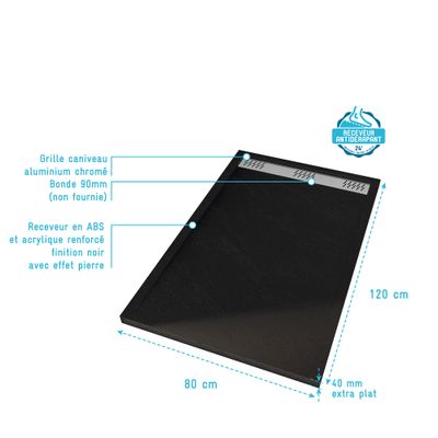Receveur de douche 80x120 cm acrylique noir Pedra - AURLANE