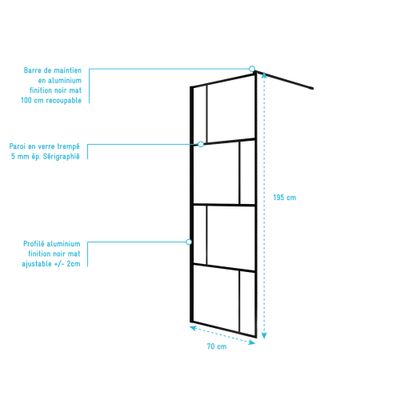Paroi de douche à l'italienne 70x195 cm profilé noir verre sérigraphié 5 mm Bricks - AURLANE