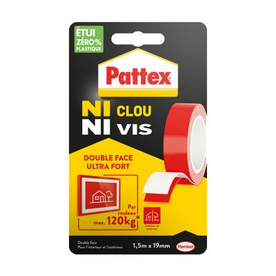 Adhésif Fixation Ni clous ni vis Double Face 120kg 1.5m x 19 mm PATTEX