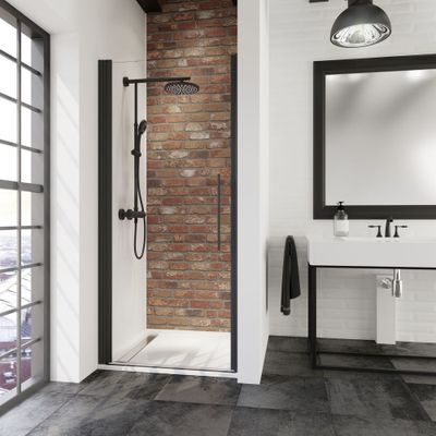Porte de douche pivotante 90x192 cm profilé noir verre transparent 5 mm New Style - SCHULTE
