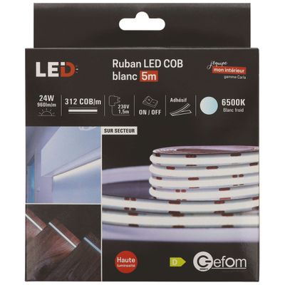Ruban LED COB 5m prêt à l'emploi lumière du jour avec interrupteur 24W 12V GEFOM