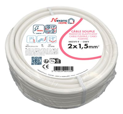 Câble électrique H05VV-F 2 x 1,5 mm² souple intérieur 10 m blanc - NEXANS