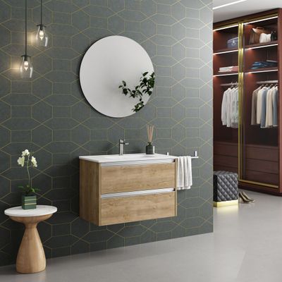 Caisson de salle de bains Thana 2 tiroirs 80 x 59 x 46 cm panneau de particules chêne naturel