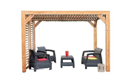 Pergola autoportante en bois traité thermachauffé avec ventelles mobiles sur toit et un mur L 3,13 x l 2,34 x h 2,17 m, Livraison à domicile incluse - HABRITA