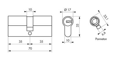 Cylindre de serrure double entrée 35 x 35 mm Trafic 6 haute sécurité laiton 5 clés THIRARD