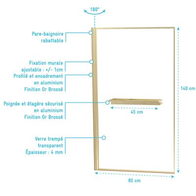 Pare-baignoire rabattable avec profilés or brossé 140x80 cm Golden Edge AURLANE