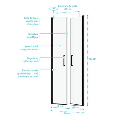 Porte de douche battante 80x200 cm profilé noir verre transparent 6 mm Saloon - AURLANE