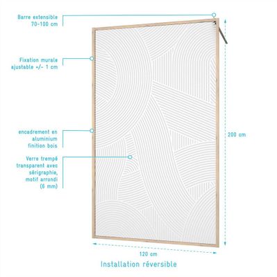 Paroi de douche à l'italienne 120x200 cm profilé bois verre sérigraphié 6 mm Japandi - AURLANE