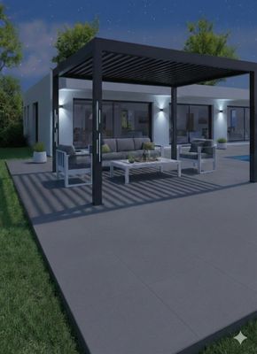 Pergola bioclimatique en aluminium gris anthracite + 2 poteaux solaire design lignes 11,90 m², Livraison à domicile incluse - HABRITA