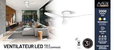 Ventilateur de plafond silencieux avec lumière LED + télécommande Blanc Ø107cm - Eole ARLUX