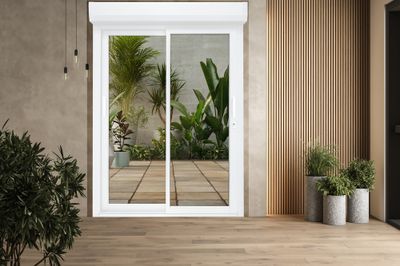 Baie vitrée coulissante pré-montée grise et blanche  2 vantaux 2 rails avec volet roulant filaire l.2400 x H.2000 mm CLOSY