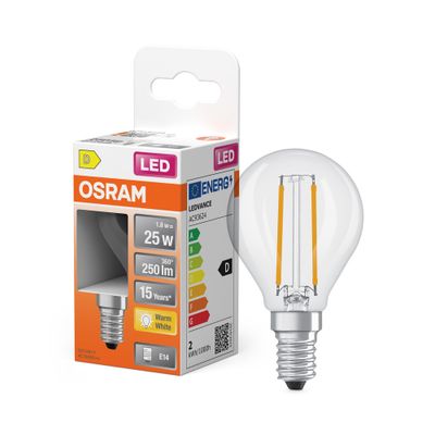 Ampoule LED Sphérique E14 Filament clair 2,5W=250 lumens Blanc chaud OSRAM