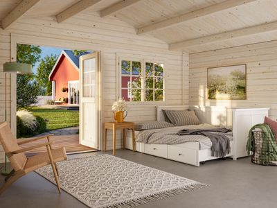 Chalet de jardin Britta bois naturel ép.40 mm - 29,9 m² hors-tout - Livraison à domicile incluse - PALMAKO