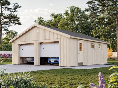 Garage double en bois André avec portes sectionnelles motorisables - 55,5 m² hors-tout - PALMAKO