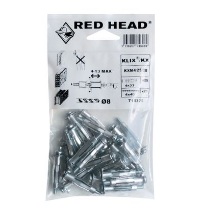 Chevilles Klix pour plaque de plâtre 4 x 33 mm + vis 4 x 40 mm par 25 RED HEAD