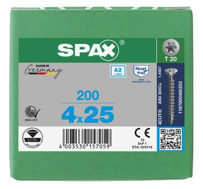 Vis inox tête fraisée T-star 4 x 25 mm par 200 SPAX