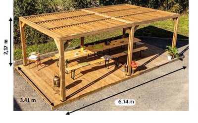 Pergola autoportante en bois traité thermachauffé avec ventelles mobiles sur toit L 6,14 x l 3,41 x h 2,17 m, Livraison à domicile incluse - HABRITA