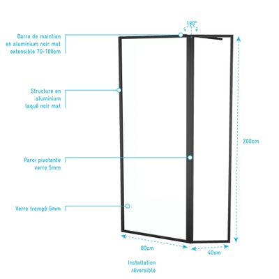 Paroi de douche à l'italienne 80+40x200 cm profilé noir verre transparent 5 mm Dark Edge - AURLANE