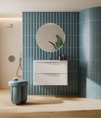 Meuble de salle de bains 2 tiroirs L80 x H60 x P45 cm mélaminé blanc avec plan vasque céramique Mirabo